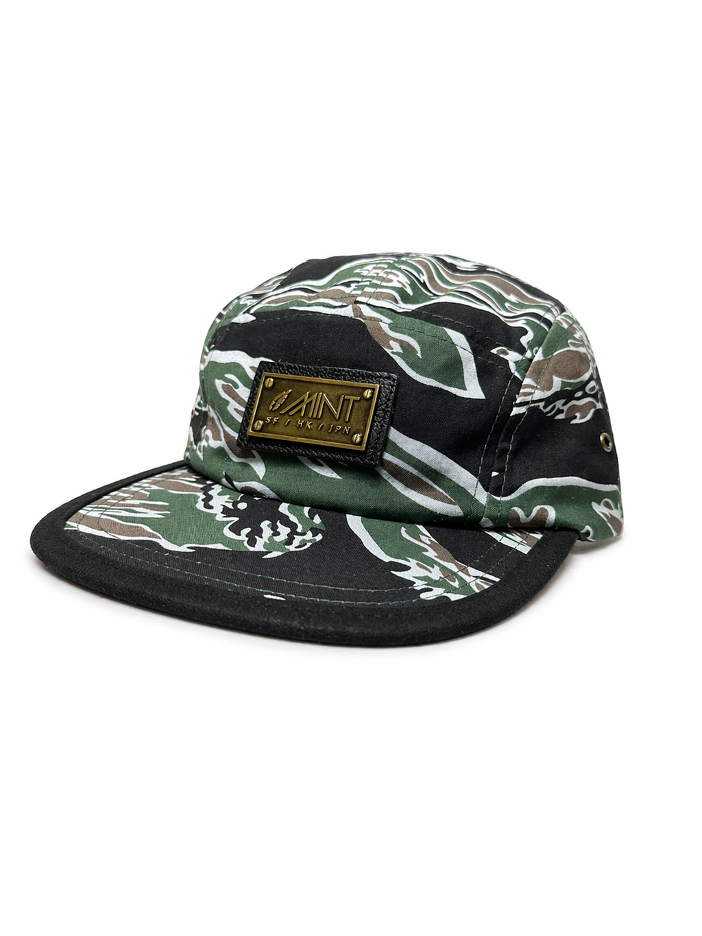 Tiger Camo 5 Panel Strapback Hat green/Black Metal Logo Streetwear Cap