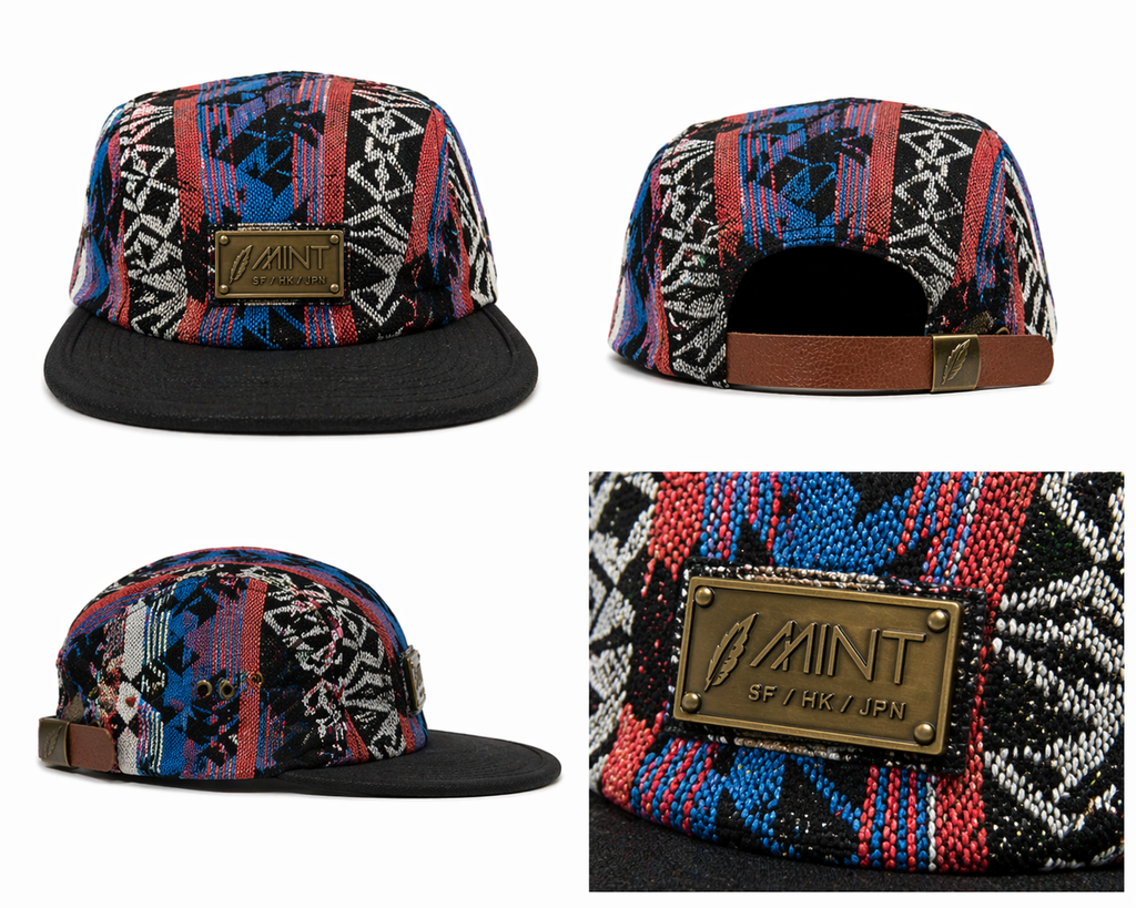 5 Panel Camp Cap Tribal Pattern Strapback Leather Streetwear