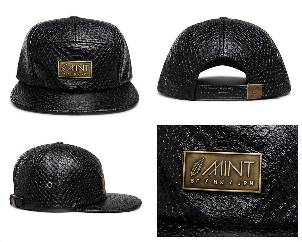 Black Snakeskin Leather 5 Panel Strapback Cap Gold Logo