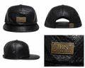 Black Snakeskin Leather 5 Panel Strapback Cap Gold Logo