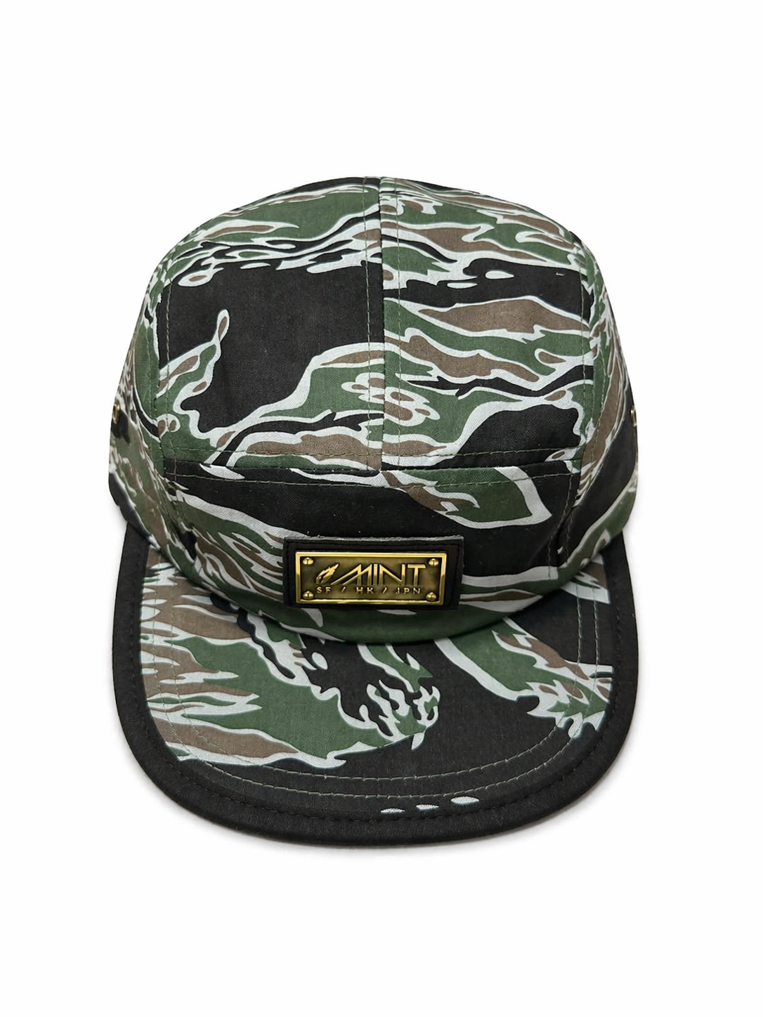 Tiger Camo 5 Panel Strapback Hat green/Black Metal Logo Streetwear Cap