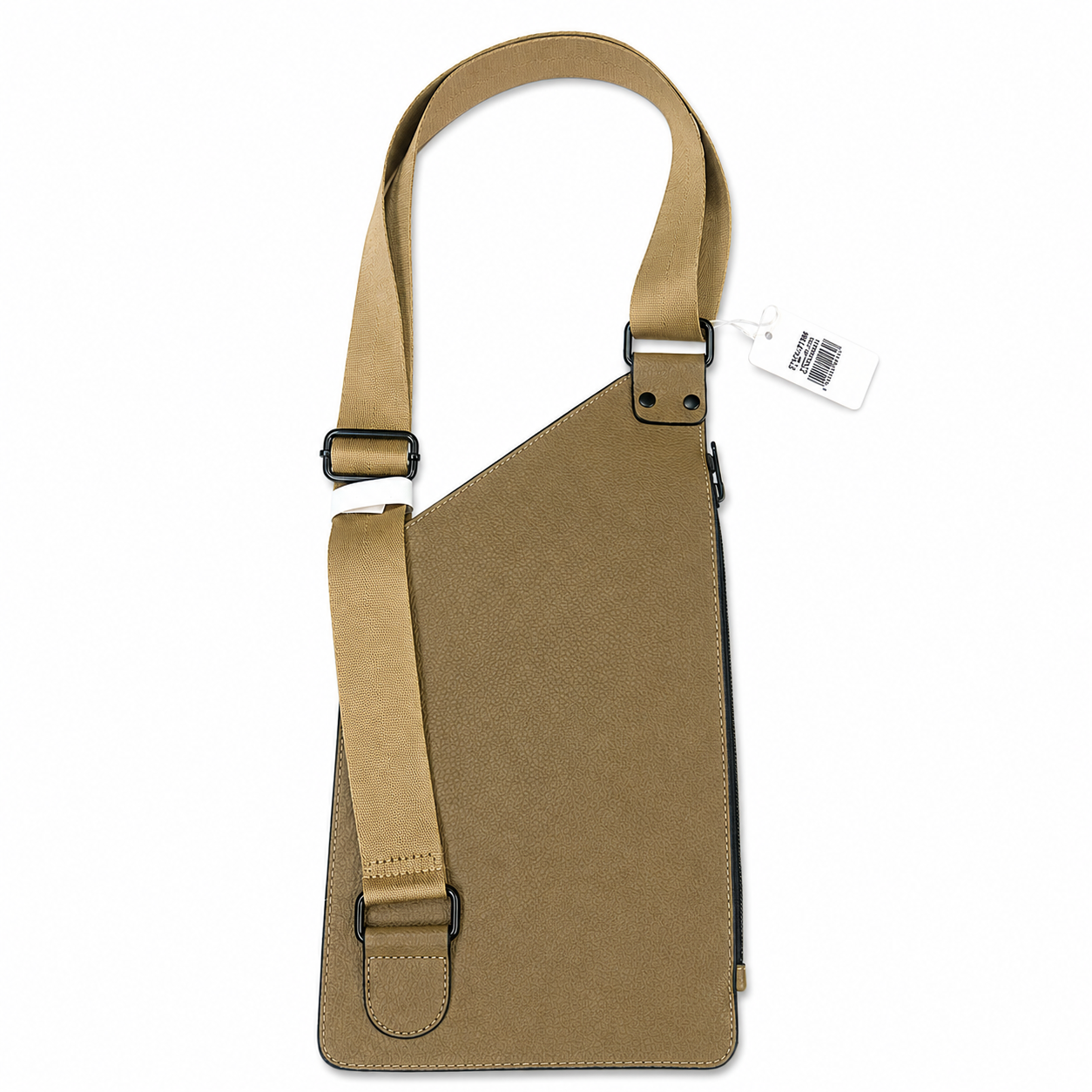 Tan shoulder bag with a strap on a white background