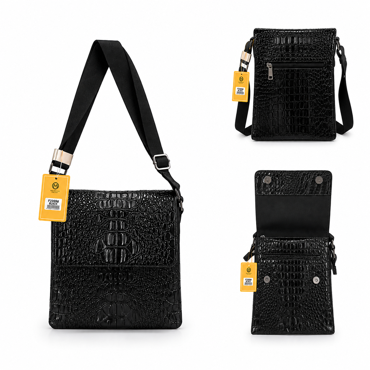 Black textured crossbody bag with a strap, open to reveal a pouch, on a white background.