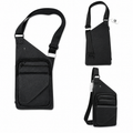 Black crossbody bag shown from multiple angles on a white background