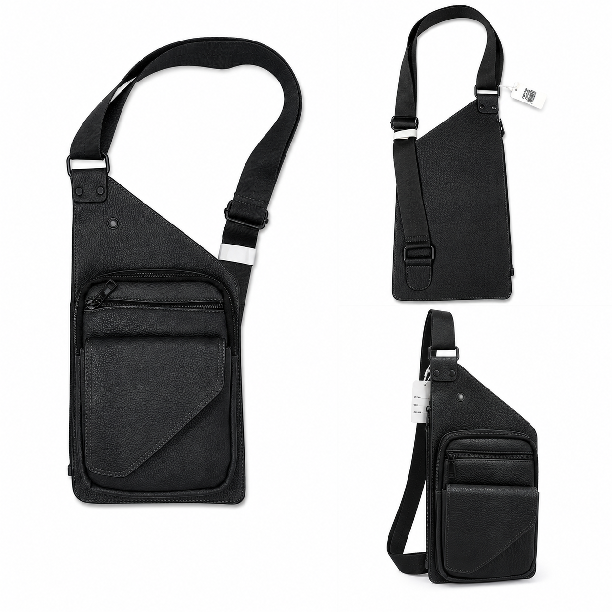 Black crossbody bag shown from multiple angles on a white background