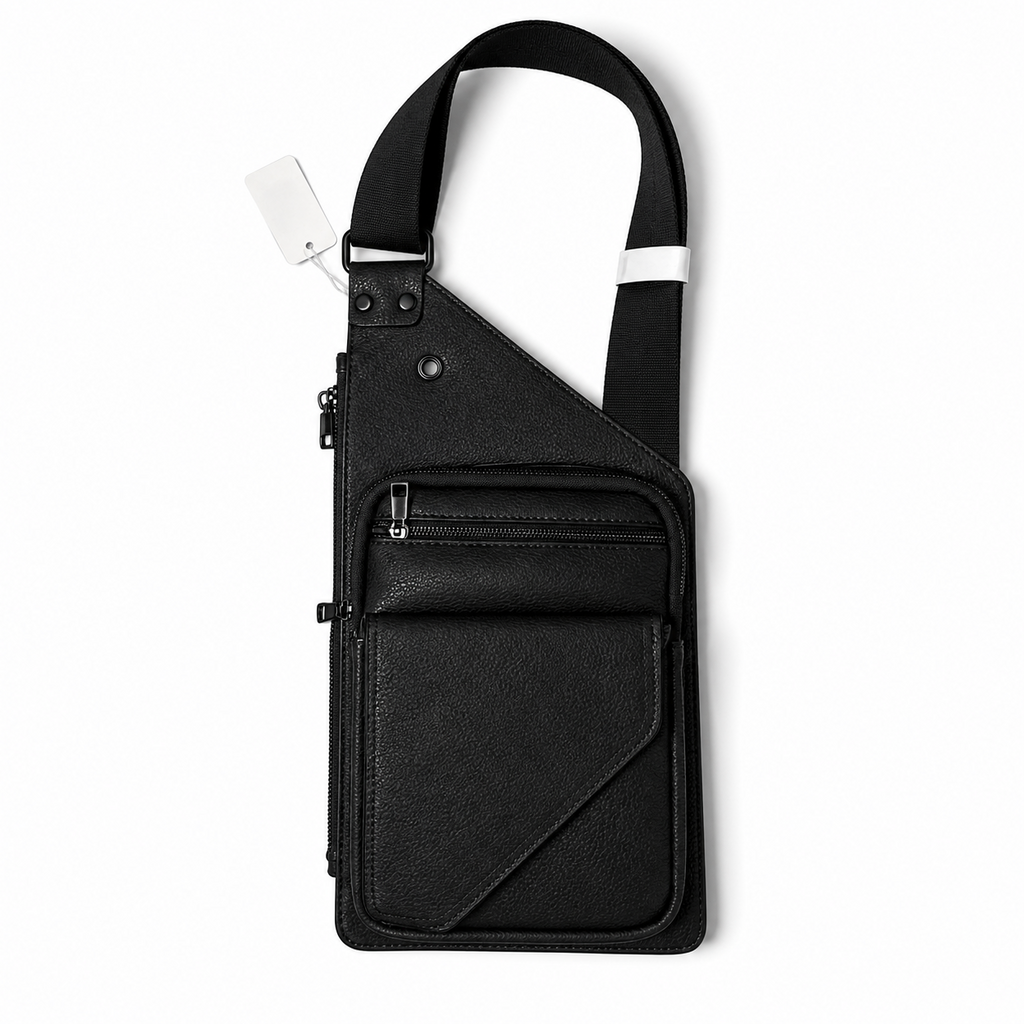 Black crossbody bag with a strap on a white background