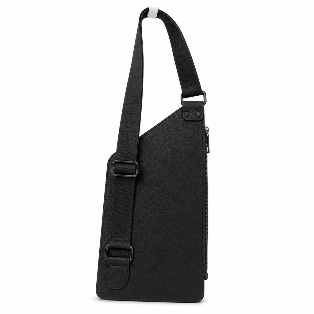 Black sling bag with straps on a white background