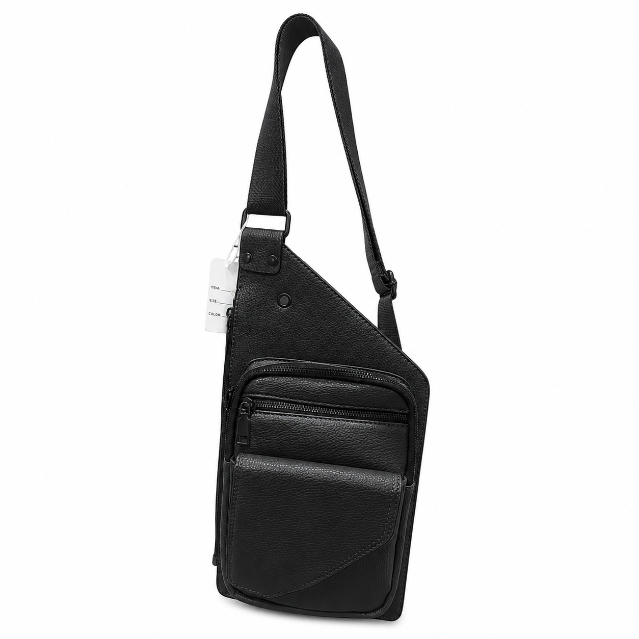 Black sling bag with a strap on a white background