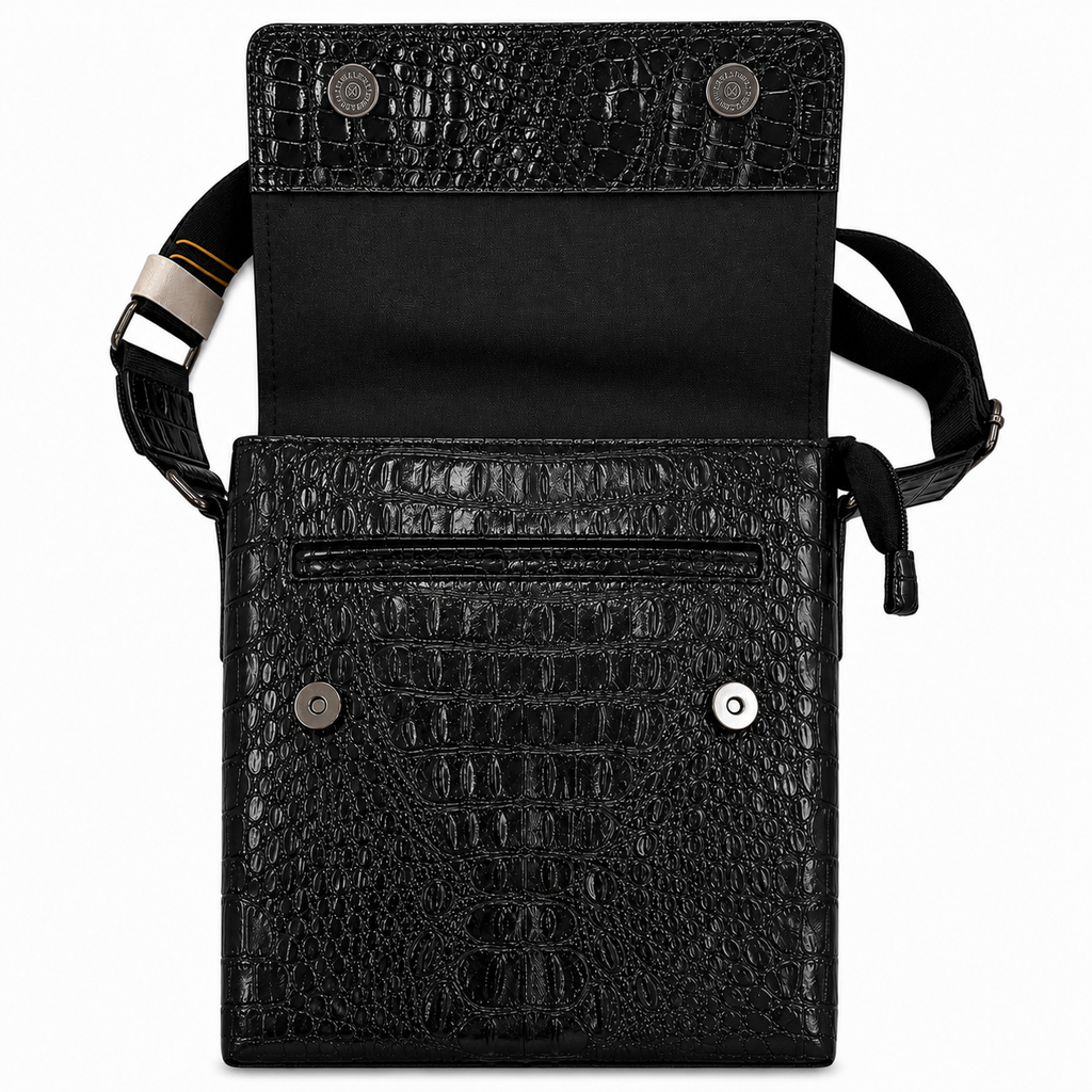 Black textured crossbody bag on a white background