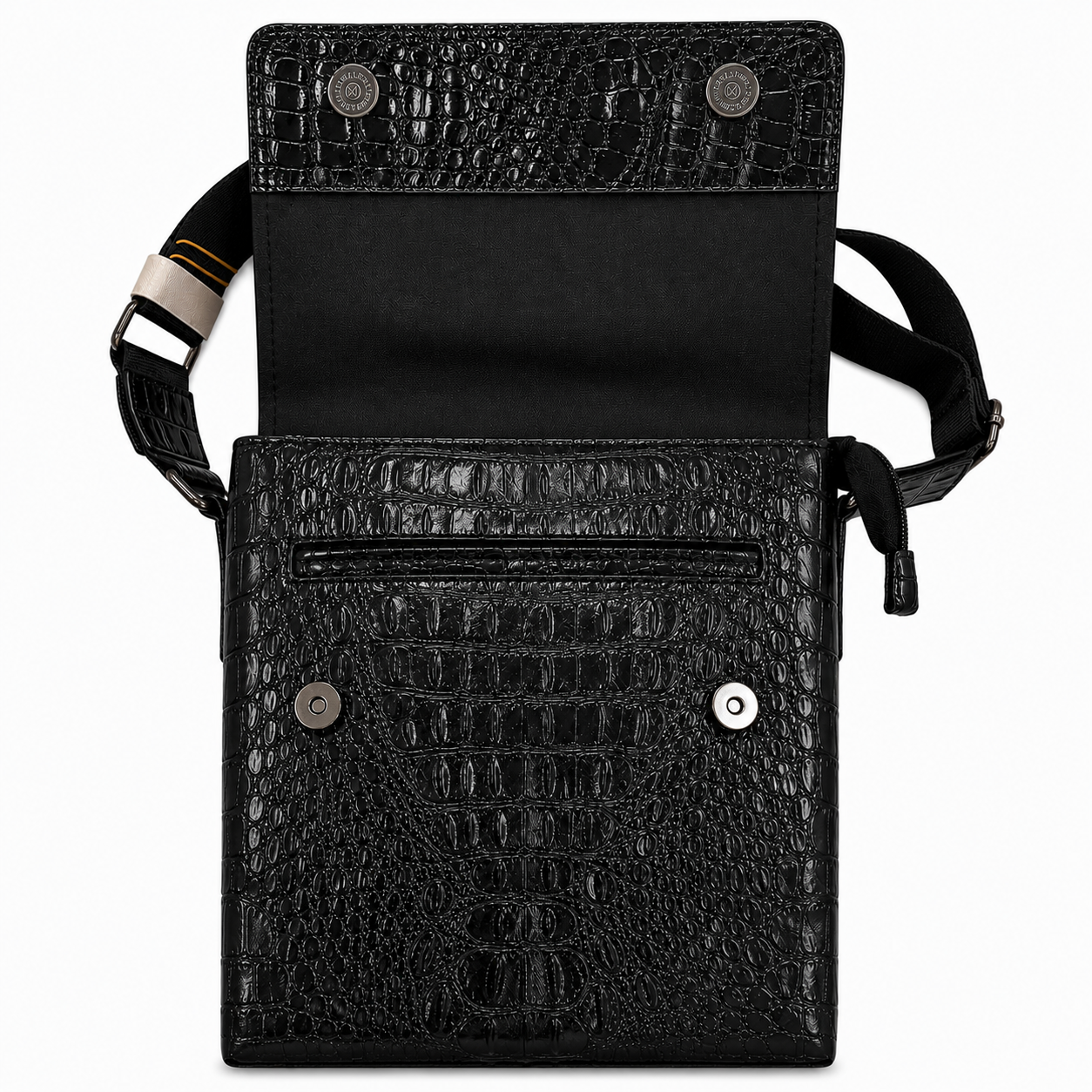 Black textured crossbody bag on a white background