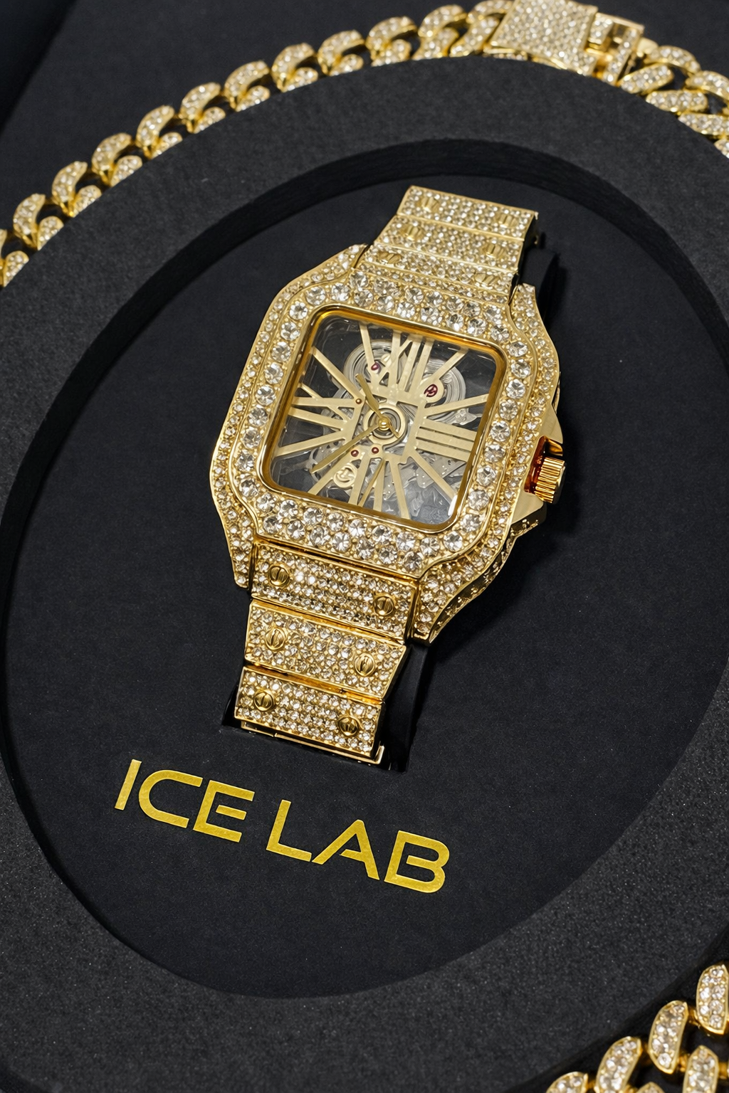 Luxury Gold tone Watch & Cuban Link Chain Set with Skeleton Dial