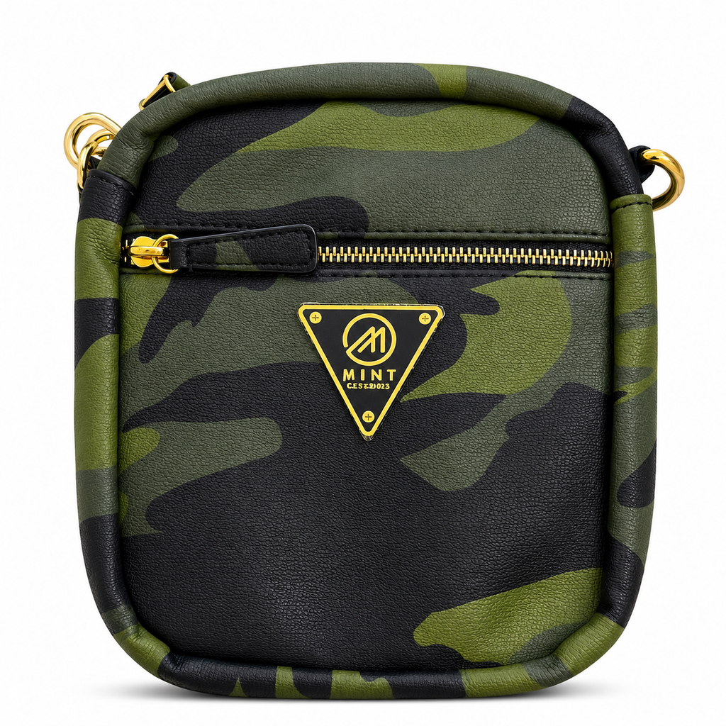 Camouflage crossbody bag with gold zipper and Mint Cigarettes logo on a white background
