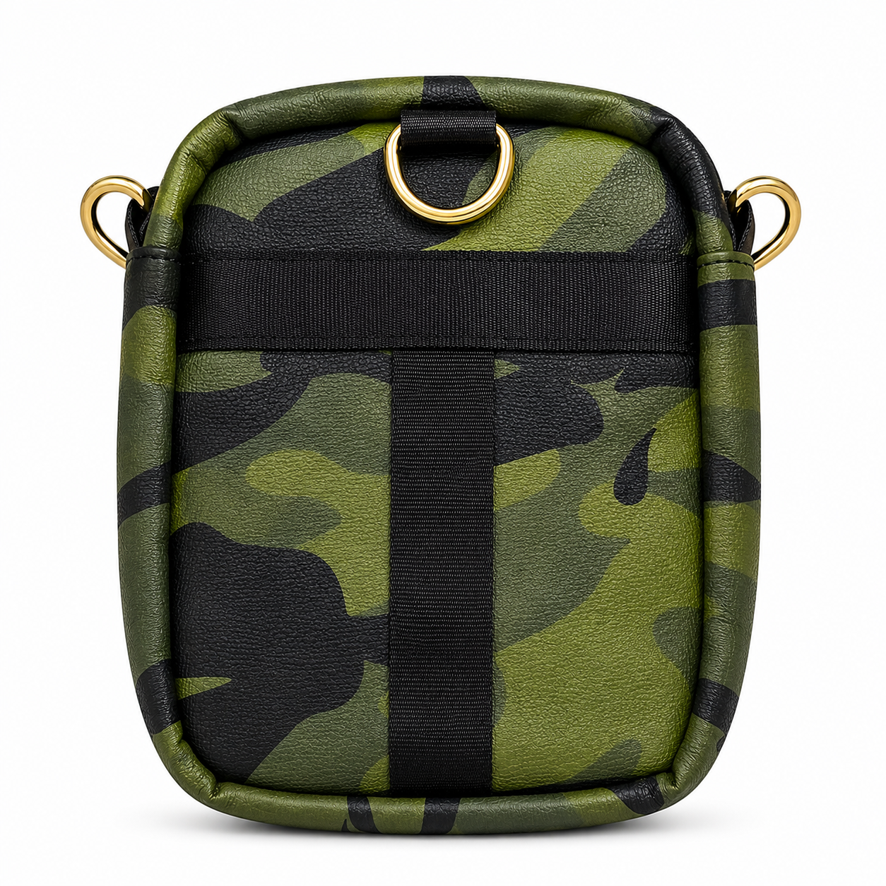 Camouflage-patterned bag with black accents on a white background