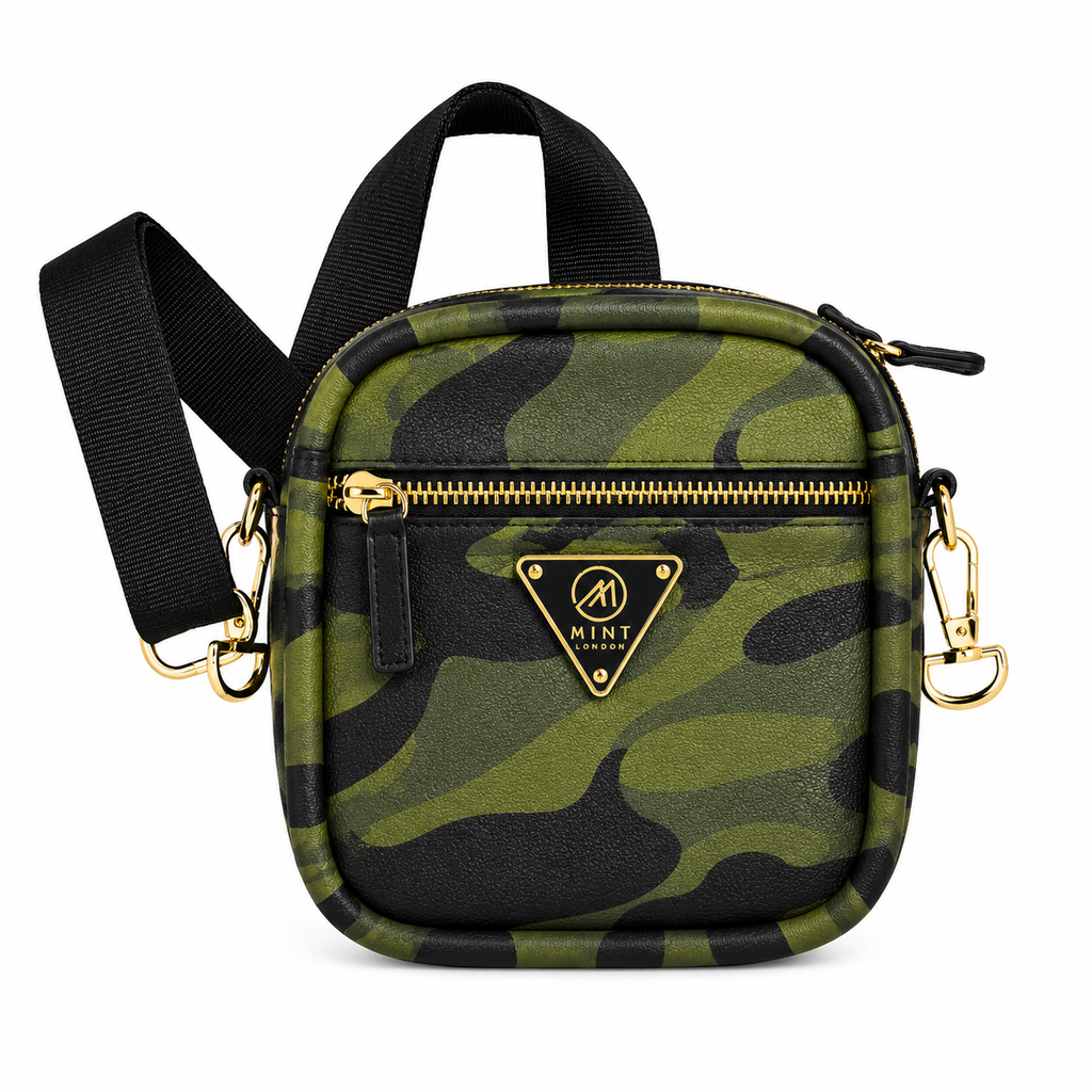 Camouflage-patterned bag with gold accents on a white background