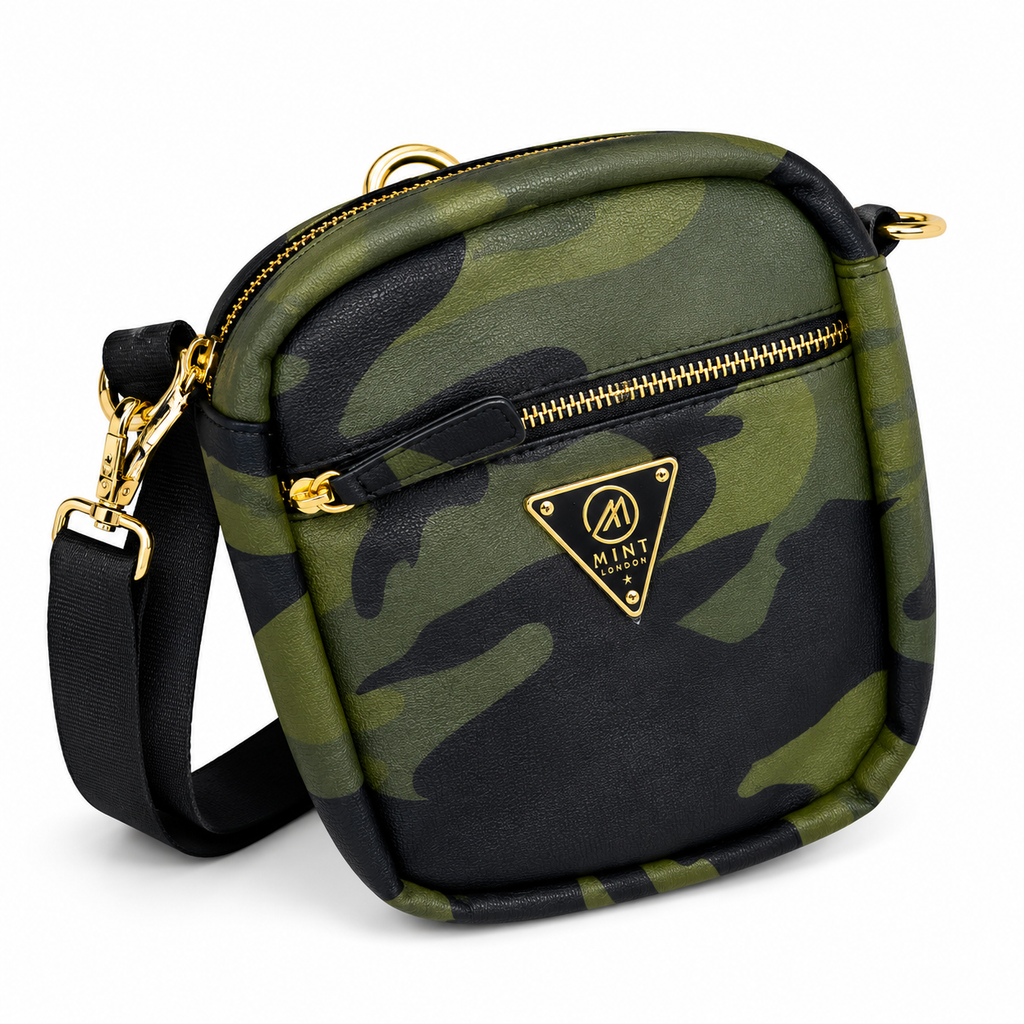 Camouflage crossbody bag with gold accents on a white background