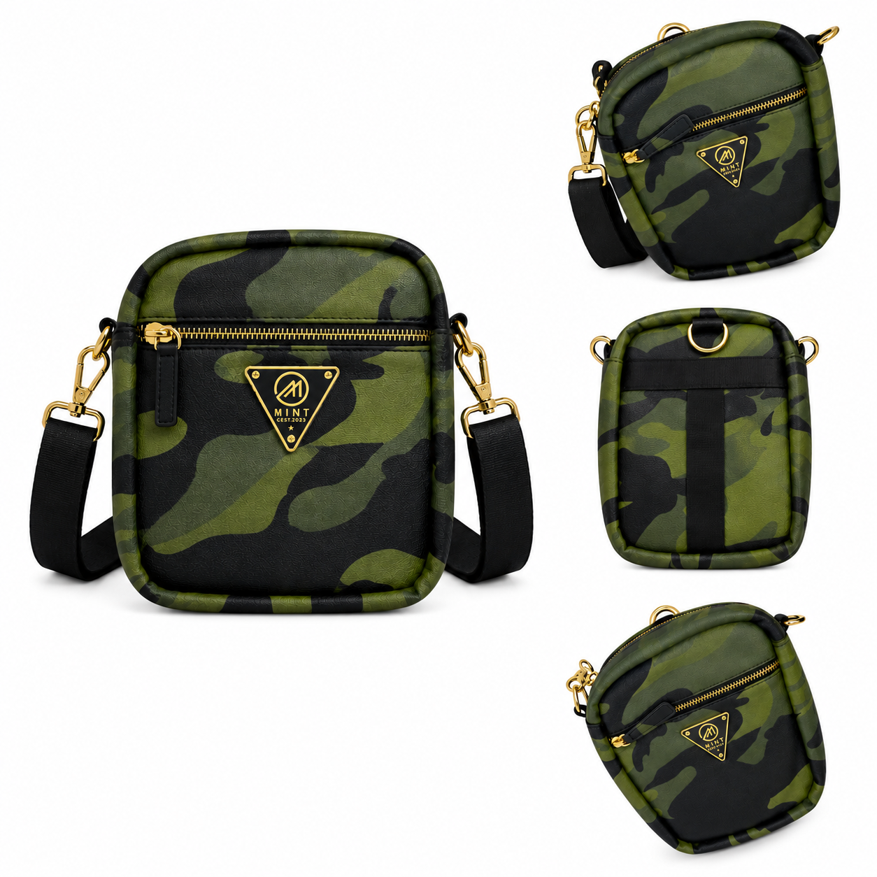 Camouflage-patterned bag with gold accents and a brand logo on a white background