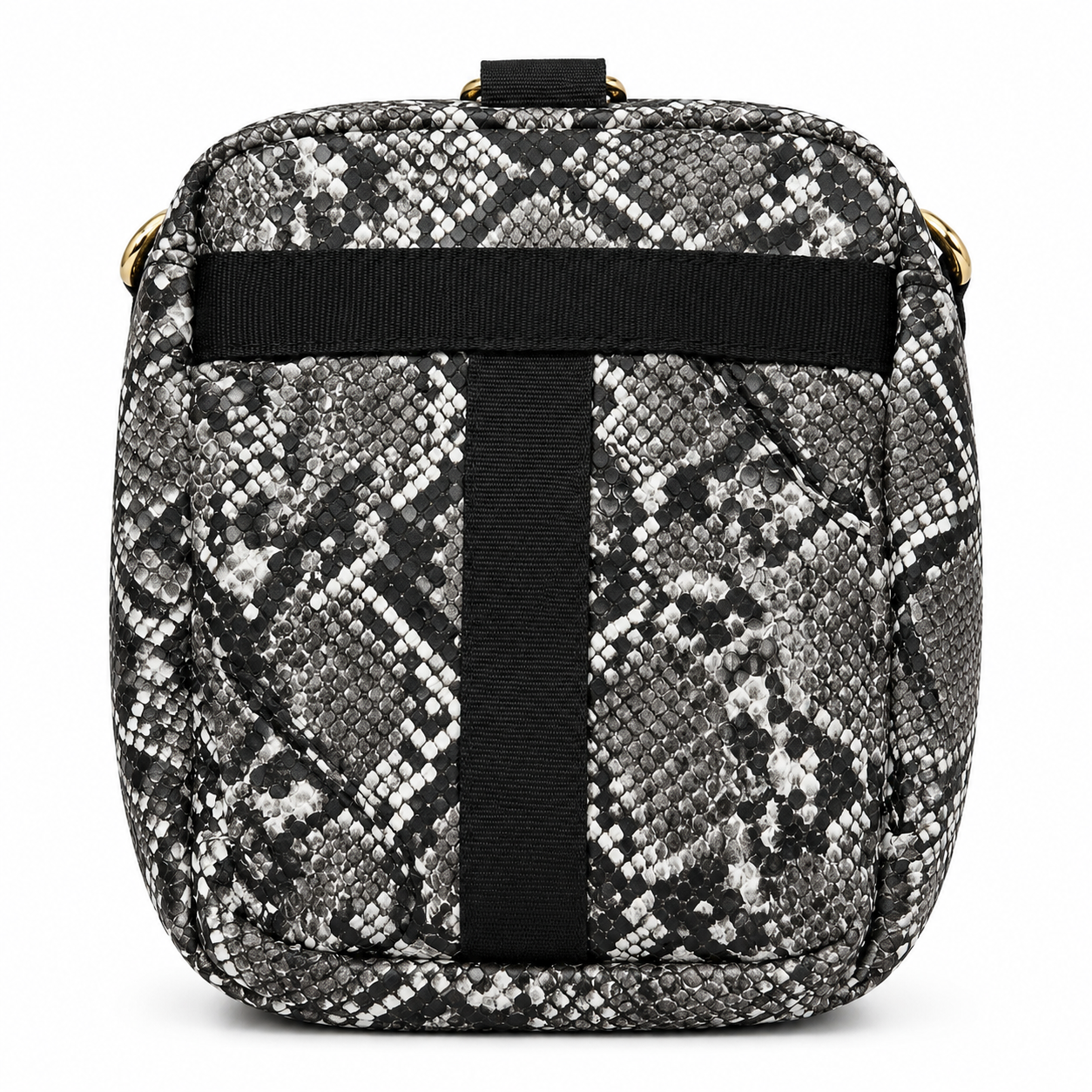 Snake print bag with a black strap on a white background
