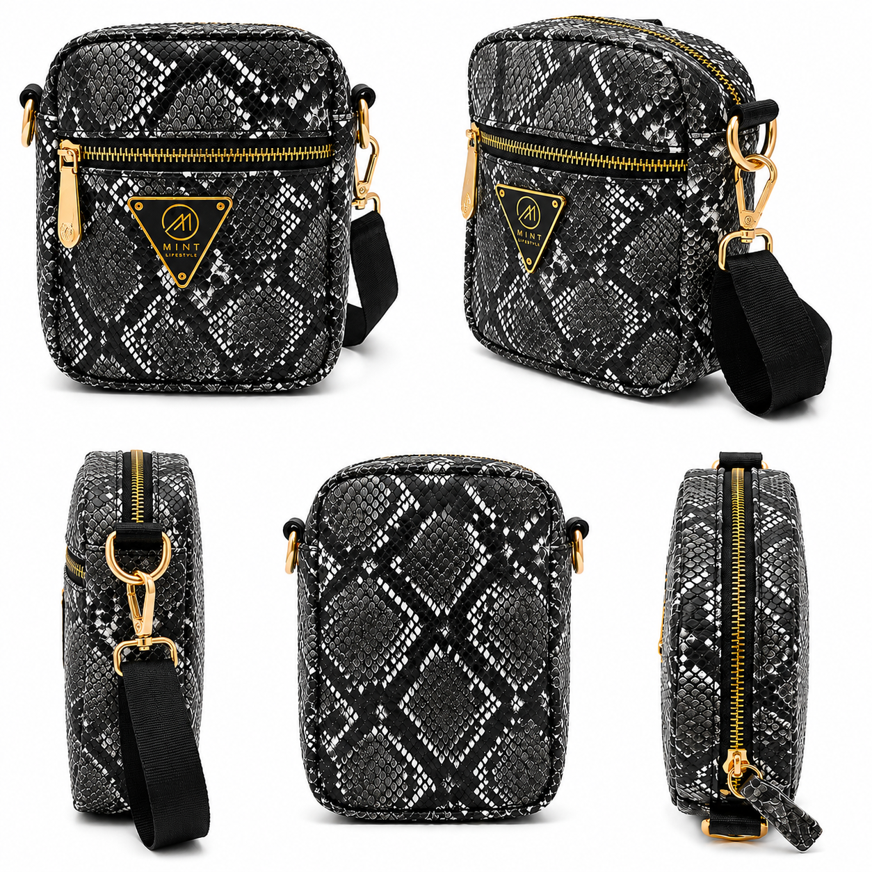 Black and white patterned crossbody bag with gold accents on a white background