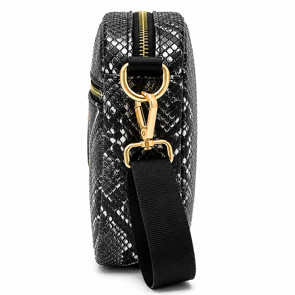 Black textured handbag with gold clasp and black strap on a white background