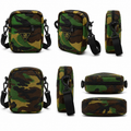 Camouflage-patterned bag with a black strap on a white background