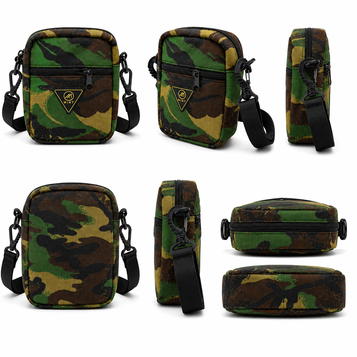 Camouflage-patterned bag with a black strap on a white background
