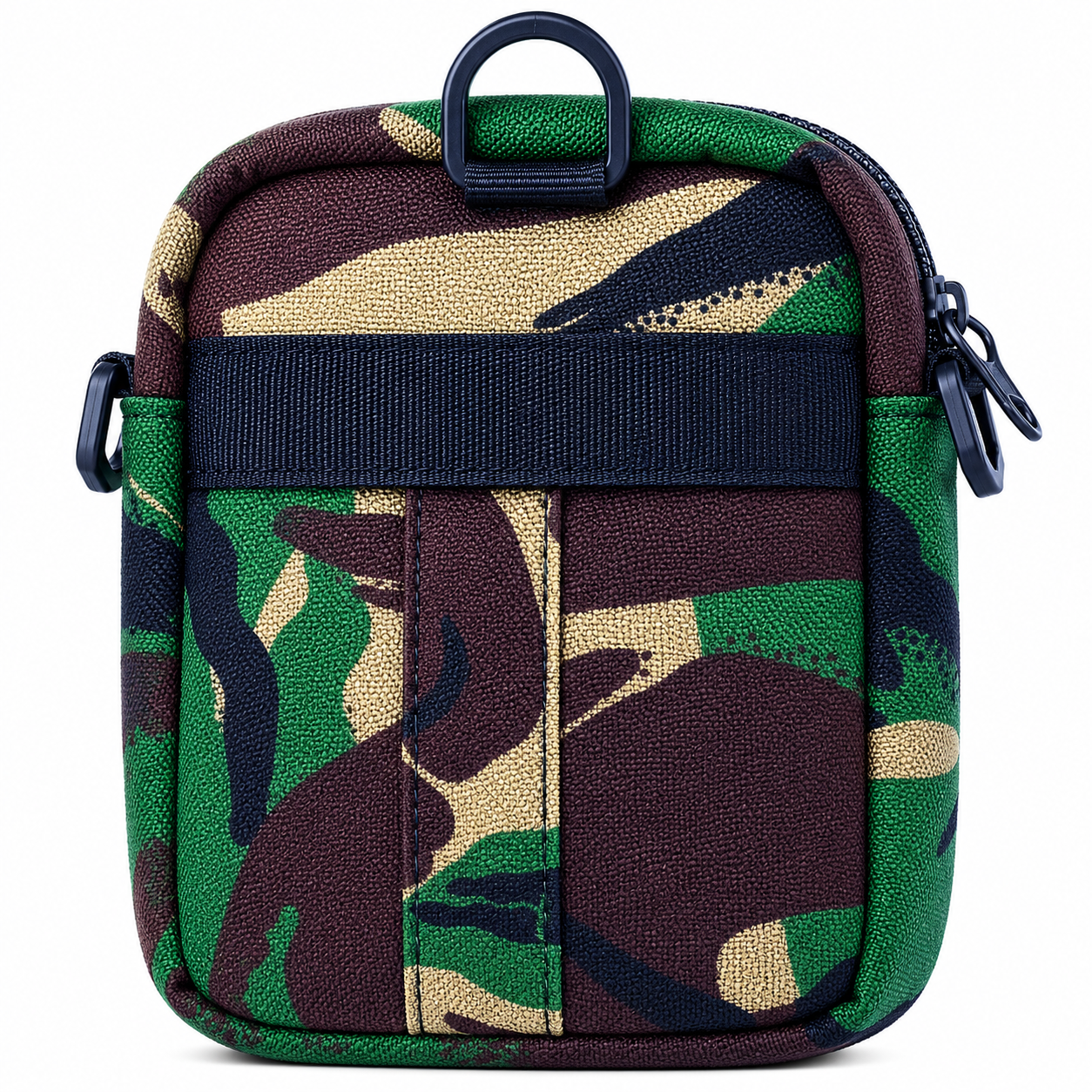 Camouflage-patterned pouch with a black strap on a white background