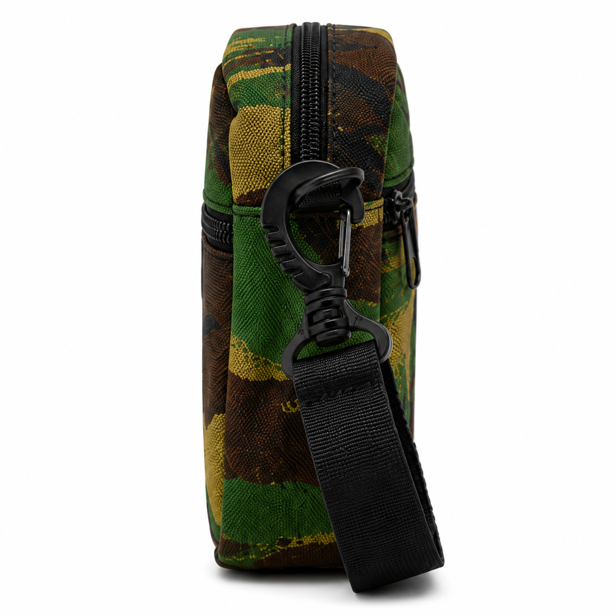 Camouflage pouch with a black strap on a white background