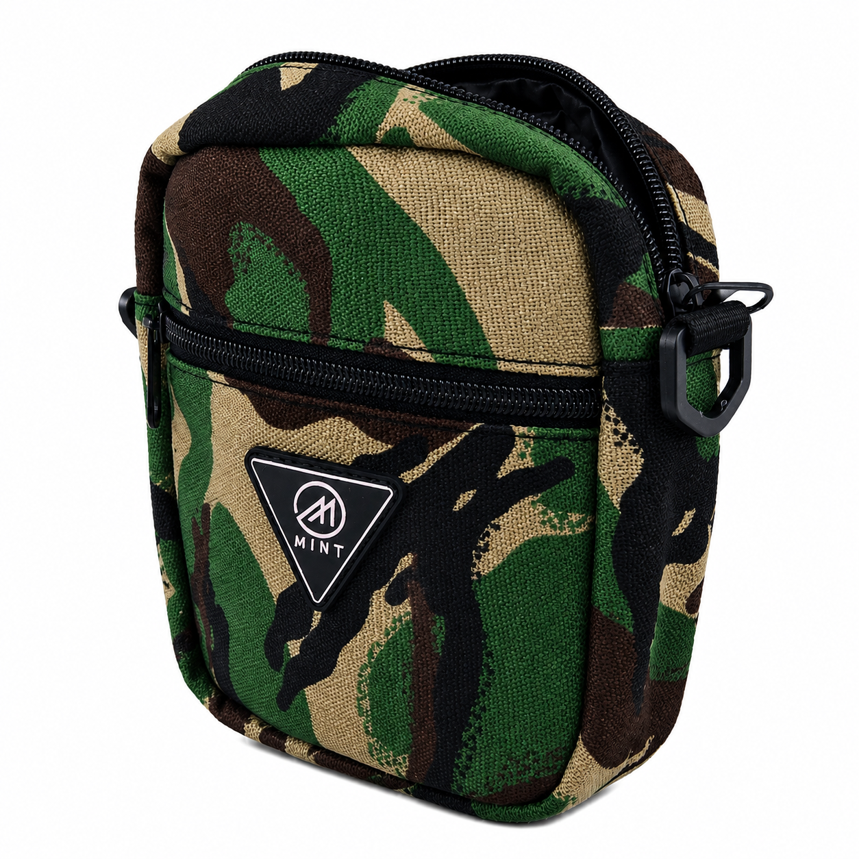 Camouflage-patterned bag with a black zipper and Mint logo on a white background