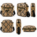 Snake patterned crossbody bag with gold accents on a white background