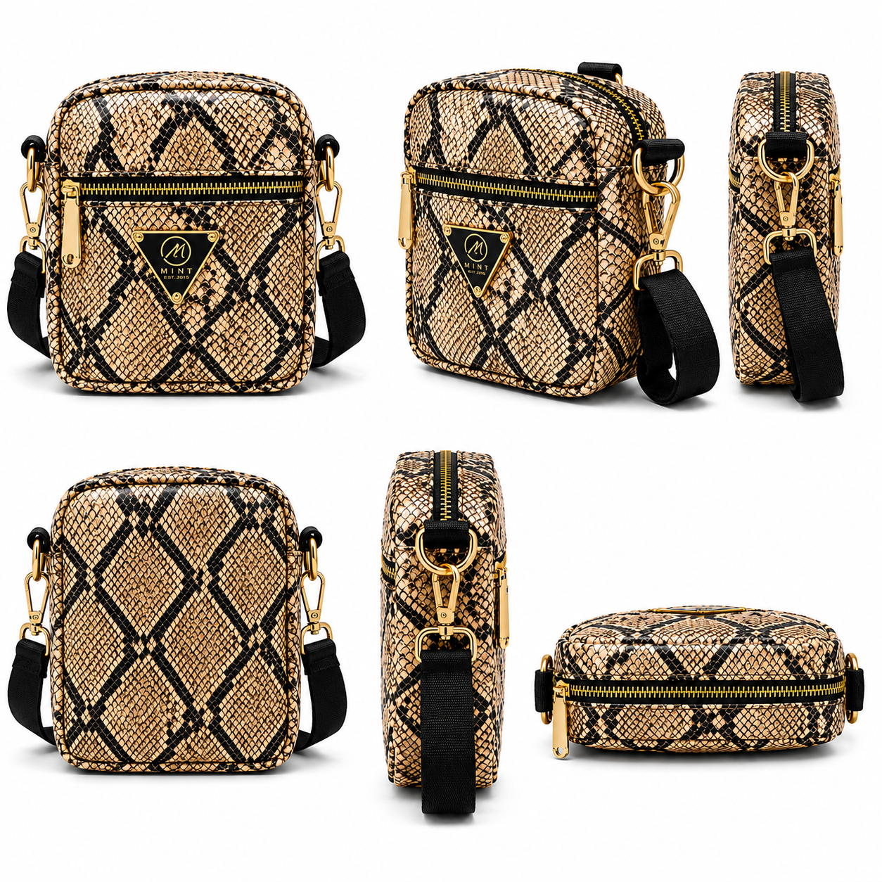 Snake patterned crossbody bag with gold accents on a white background