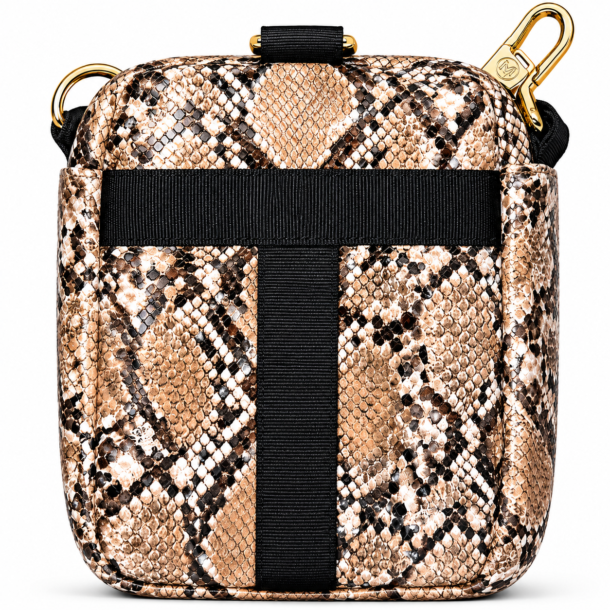 Snake print handbag with black strap on a white background