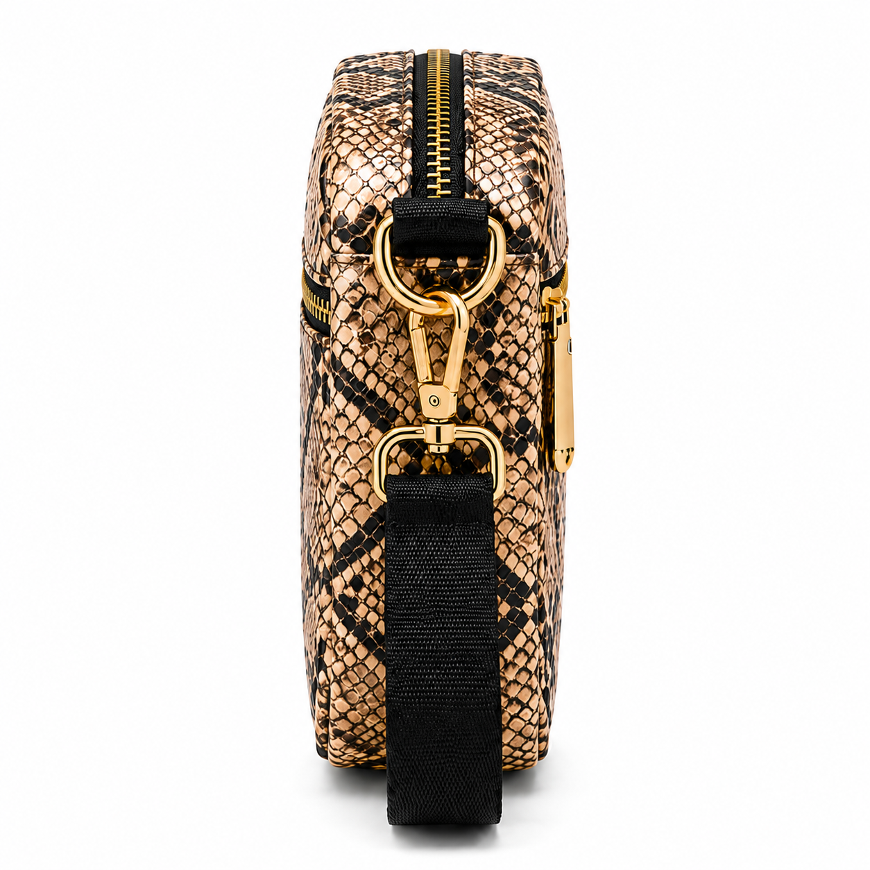 Snakeskin patterned bag with gold accents on a white background