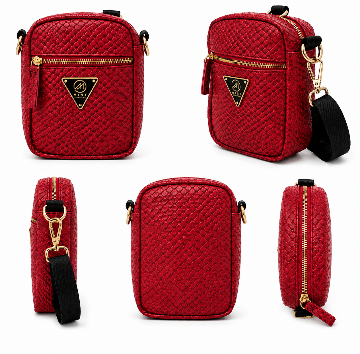 Red quilted crossbody bag with gold zipper and black strap on a white background