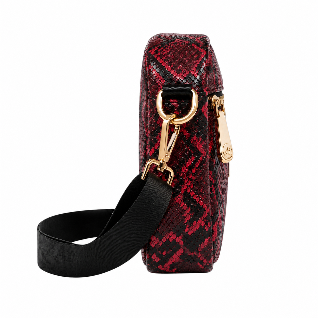Red and black patterned handbag with gold clasp and black strap on a white background