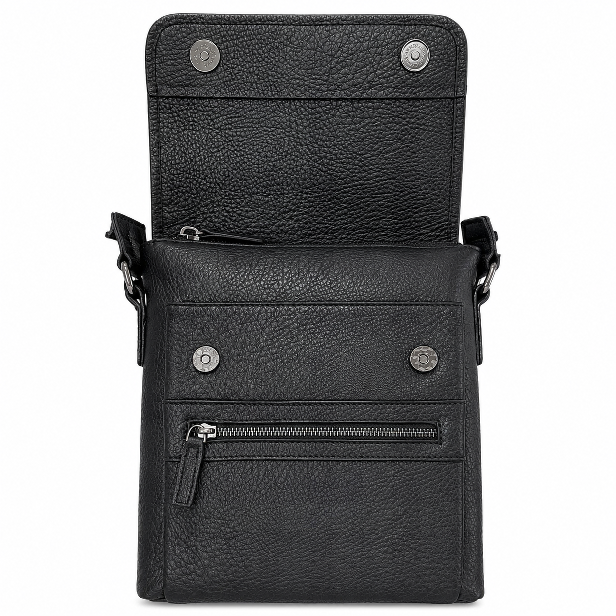 Black leather crossbody bag with multiple zippers on a white background