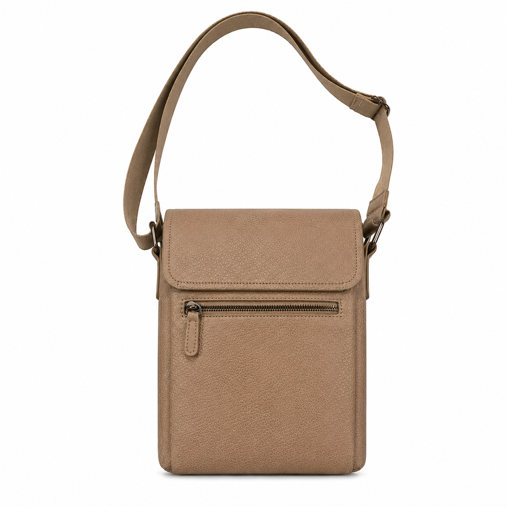 Beige crossbody bag on a white background