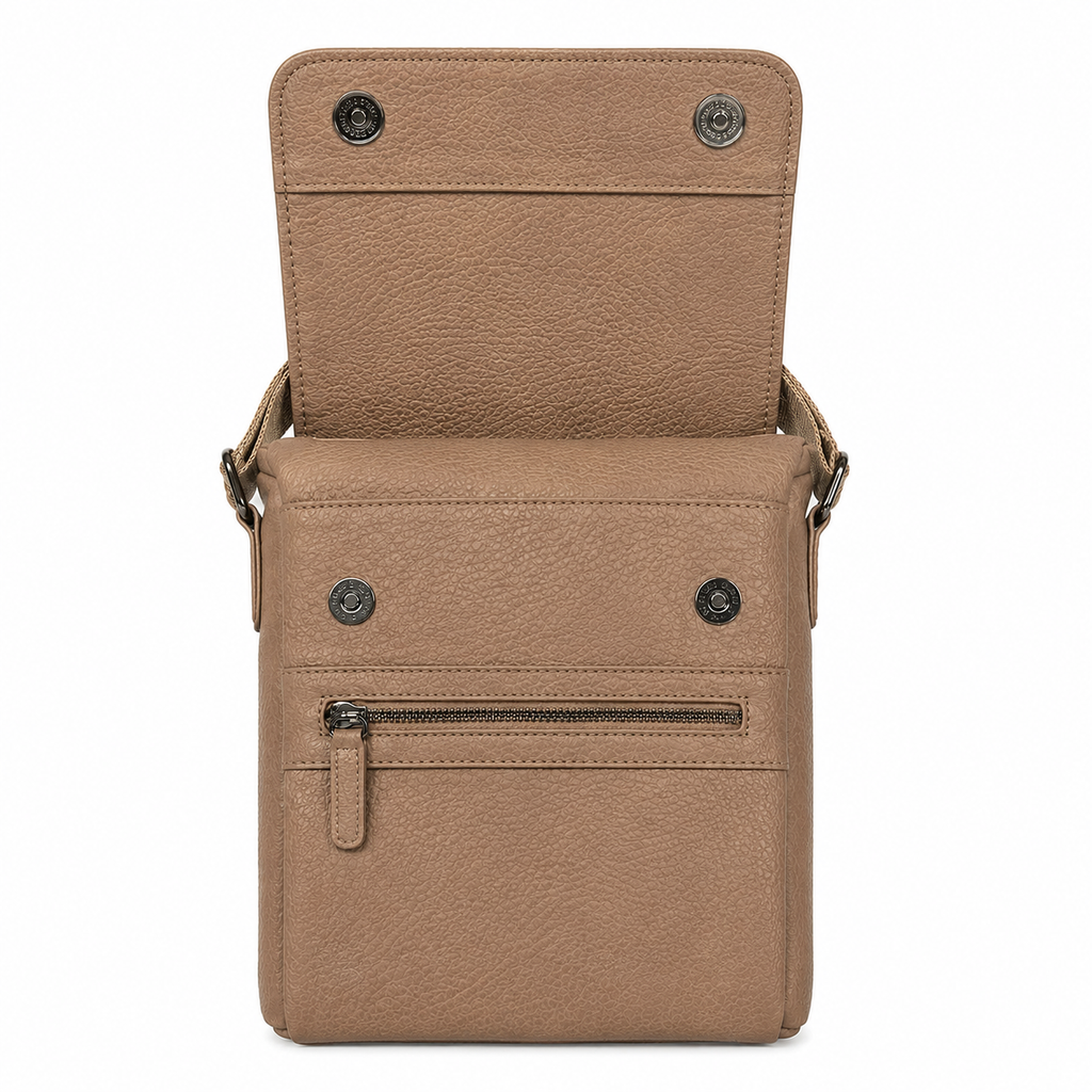 Beige leather crossbody bag with a zipper on a white background