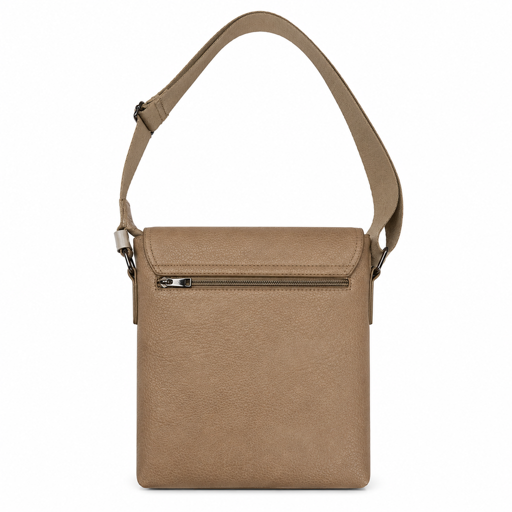 Beige crossbody bag with a strap on a white background
