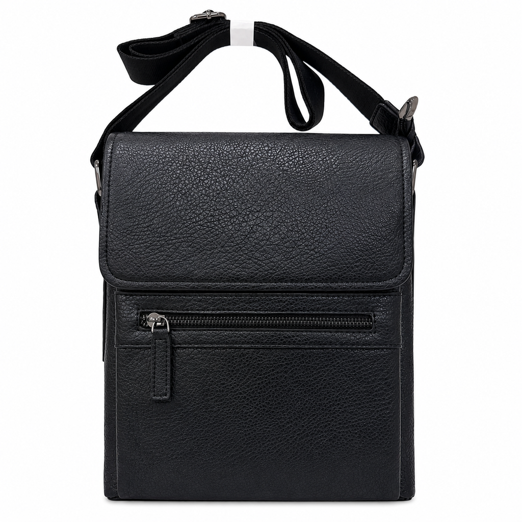 Black leather crossbody bag on a white background