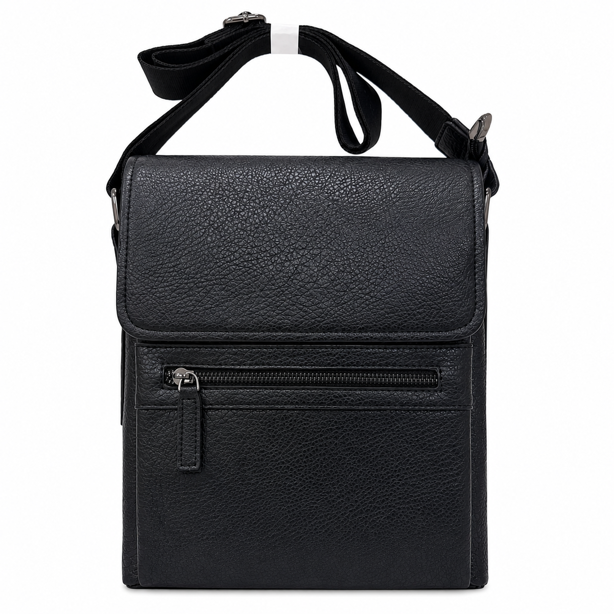 Black leather crossbody bag on a white background