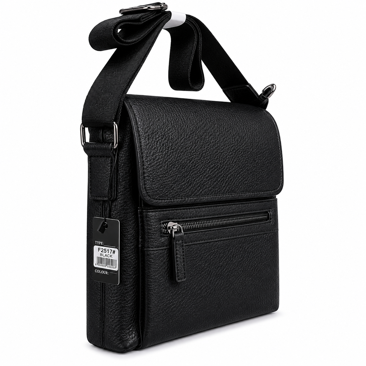 Black leather crossbody bag with a visible brand tag on a white background