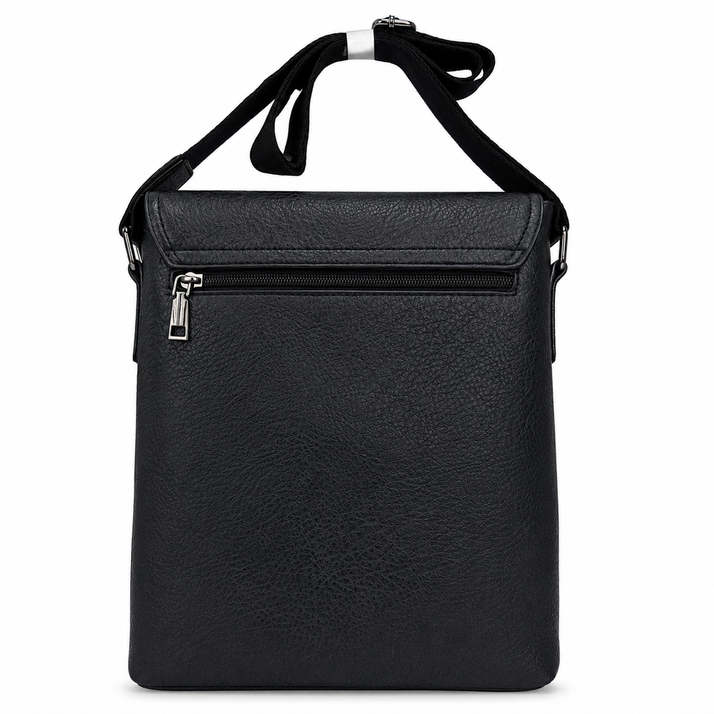 Black leather crossbody bag on a white background