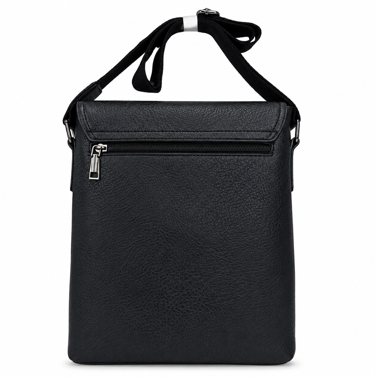Black leather crossbody bag on a white background