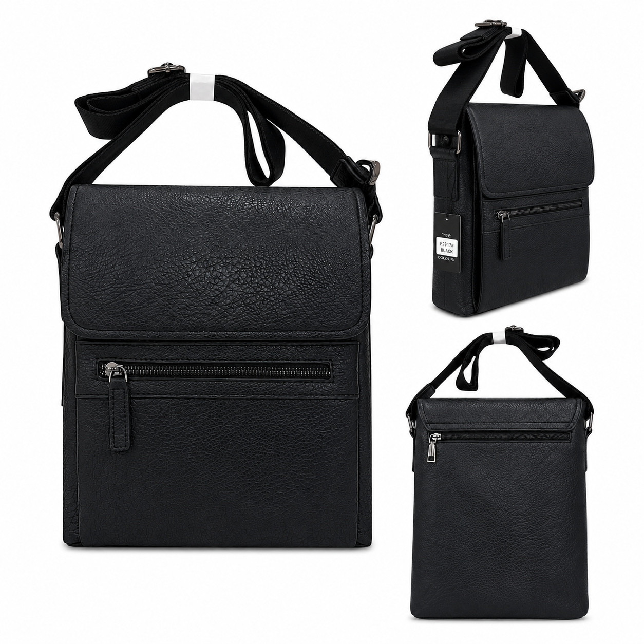 Black leather crossbody bag shown from multiple angles on a white background