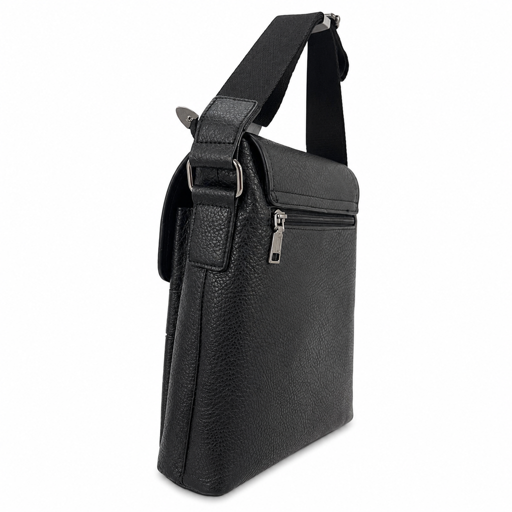 Black leather crossbody bag on a white background