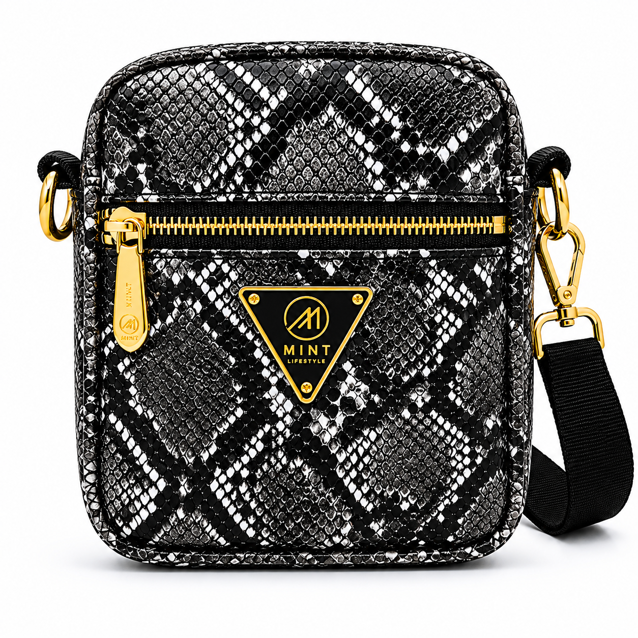 Black and white patterned crossbody bag with gold accents on a white background