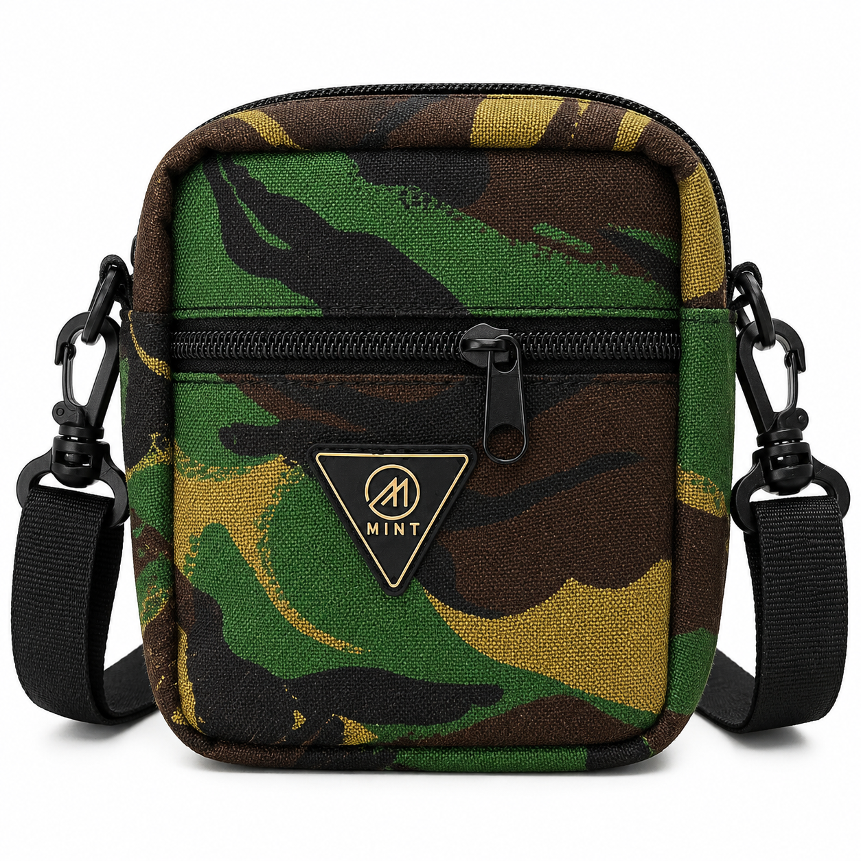 Camouflage crossbody bag with a visible brand logo on a white background
