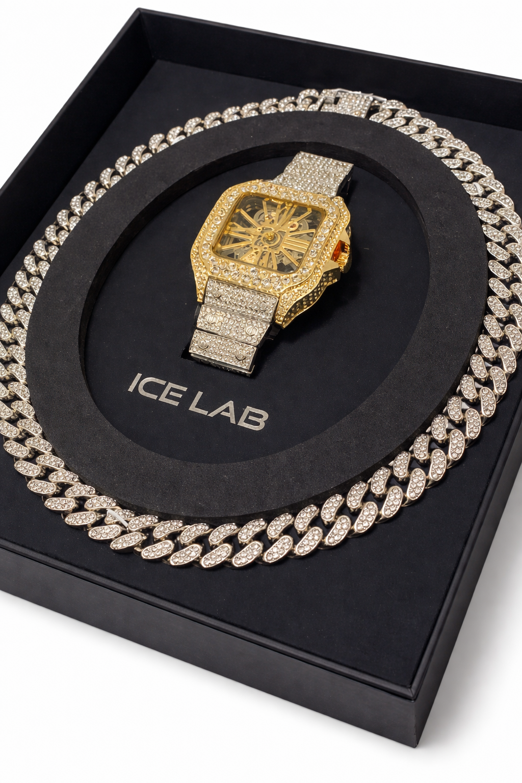Luxury Skeleton Dial Golden Watch & Cuban Link Chain Set