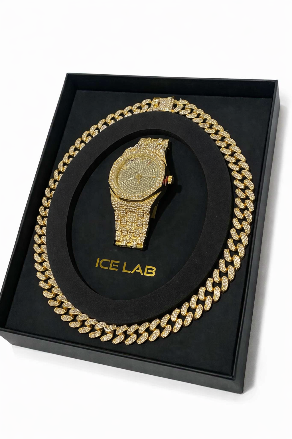 Gold Tone Analog Watch & Cuban Link Chain Set