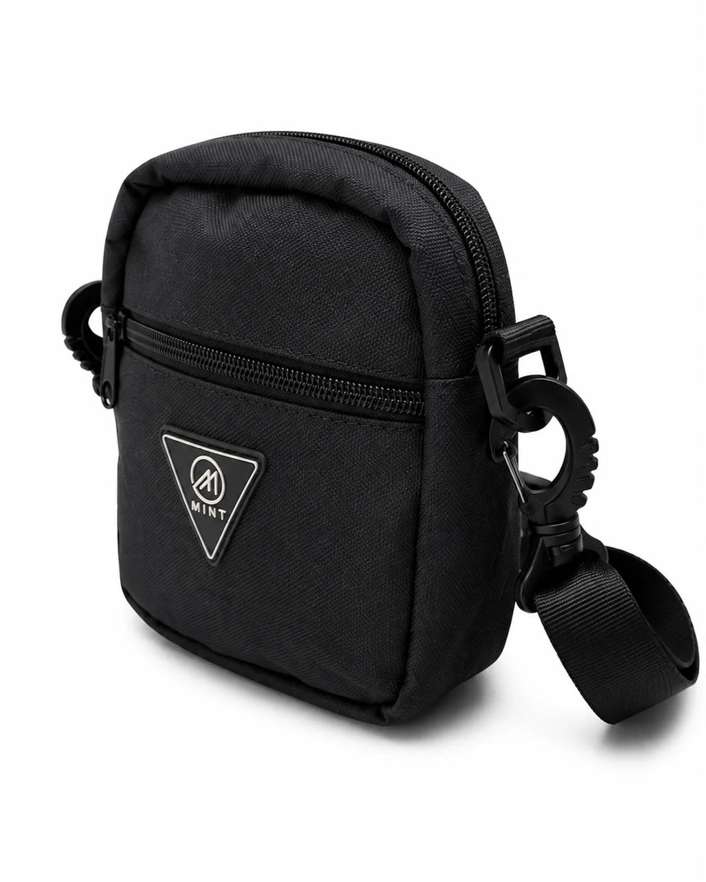 Black crossbody bag with a visible brand logo on a white background